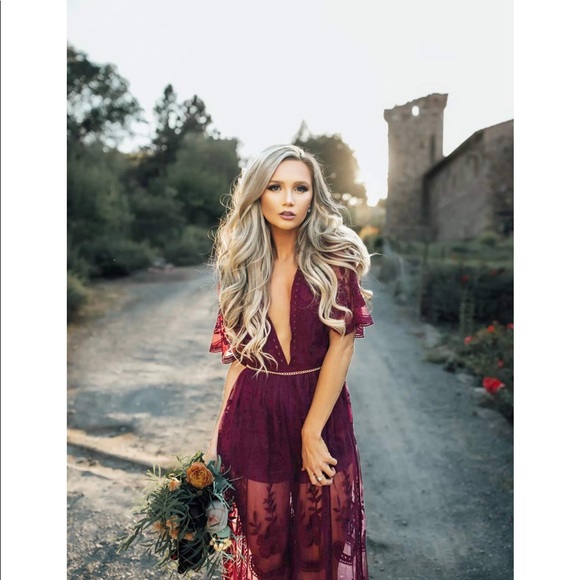 Wine Red Lace Romper Dress - Picture 3 of 6